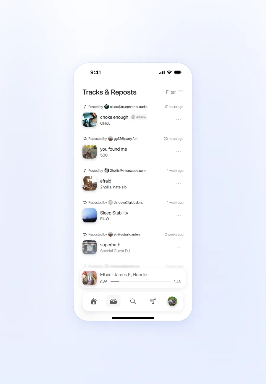 The third image of a prototype federated, decentralized SoundCloud-like alternative application for mobile.