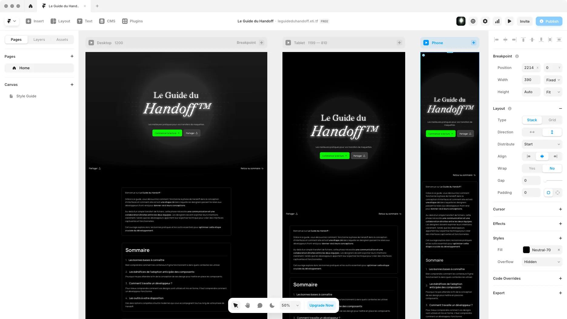 A screenshot of the Framer design tool with the Le Guide du Handoff project opened.