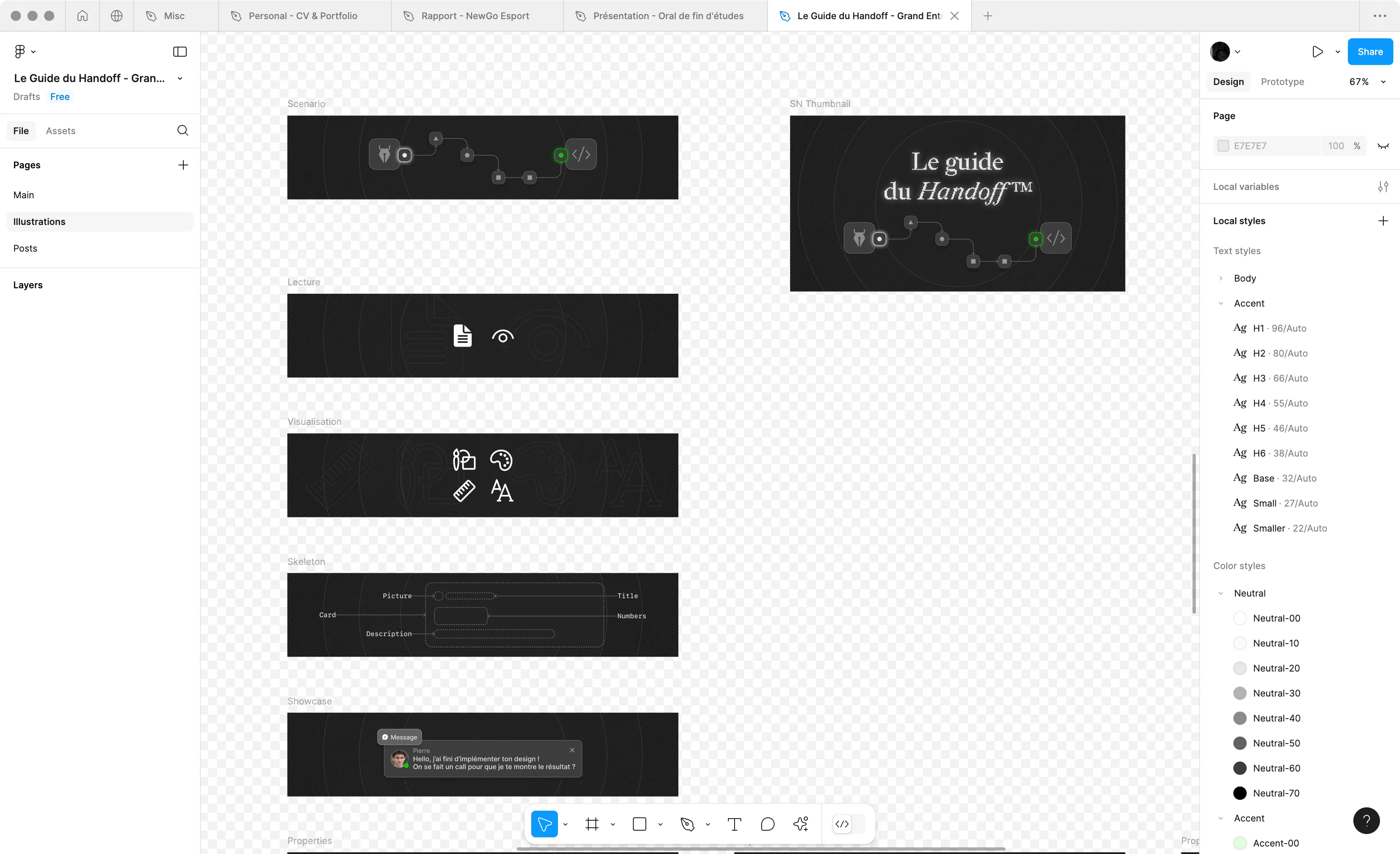 Another screenshot of the Framer design tool with the Le Guide du Handoff project opened.