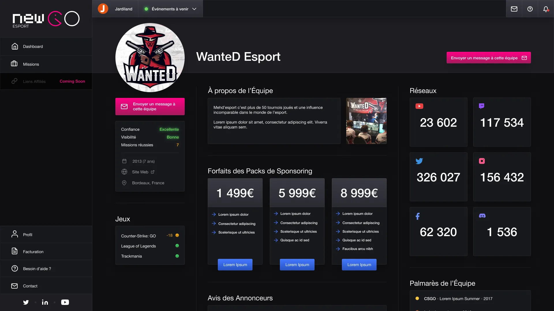 Design for the team profile page.
