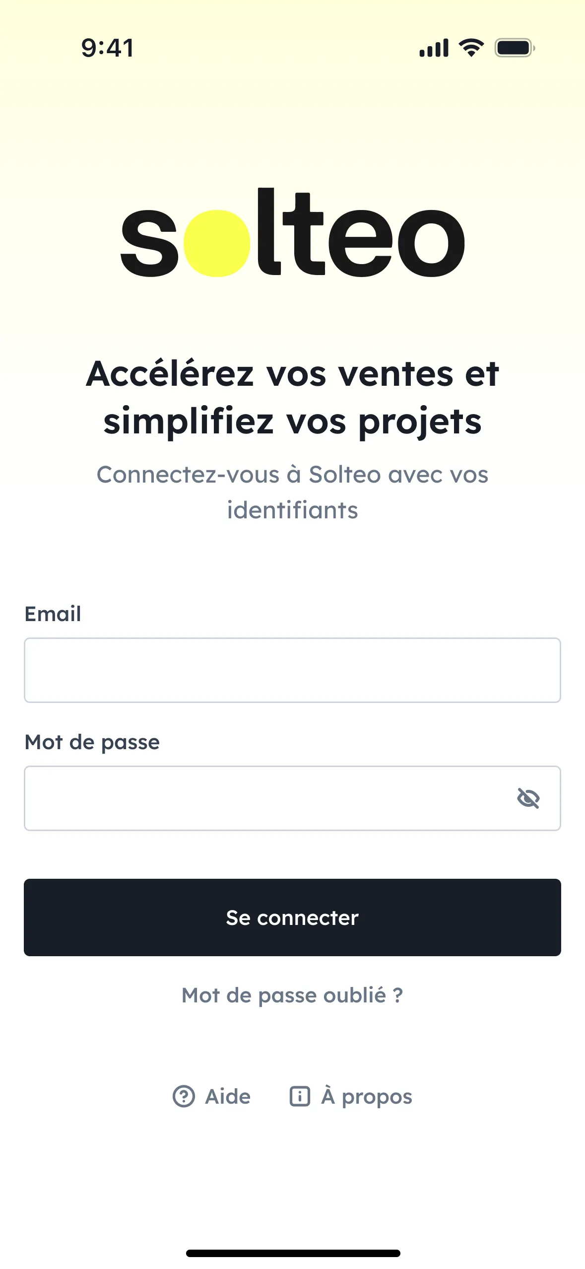 A design for the Solteo mobile app showing the login view.