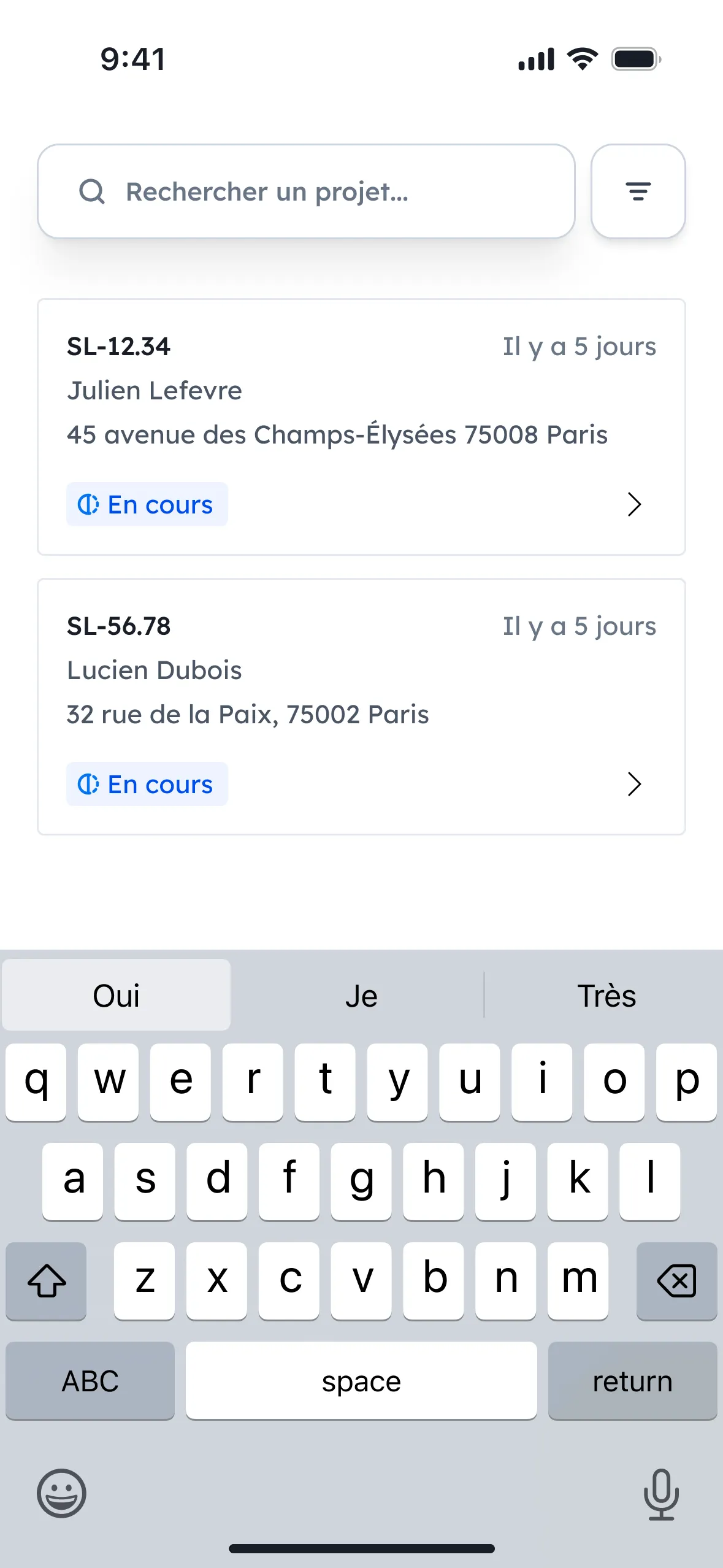 A design for the Solteo mobile app showing the search view.
